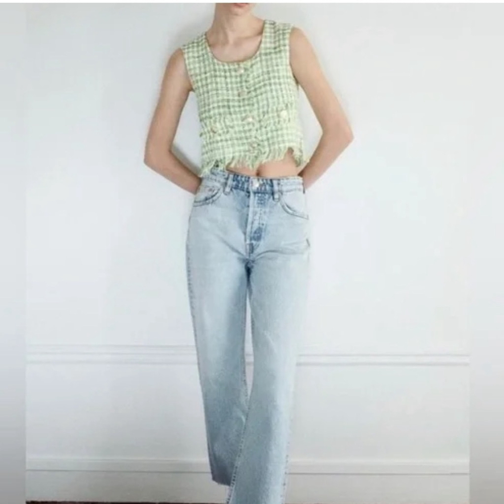 ZARA Green /White Cotton Tweed Vest Crop Top with Gold Tone Buttons Sz M NWT